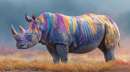Behold the striking rhino, its sturdy form painted in a riot of vibrant colors, an artistic marvel amidst the serene landscape, a true testament to wildlife's allure.