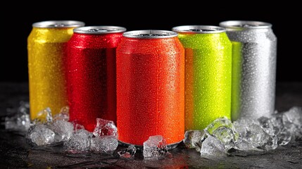A colorful array of refreshing canned drinks on ice, perfect for a hot day. The vibrant colors and frosty texture make this image a tempting choice. Refreshing and vibrant!