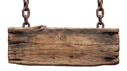 Rustic Wooden Signboard Hanging from Rusty Chains on Transparent Background graphic isolated on a transparent background