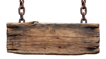 Rustic Wooden Signboard Hanging from Rusty Chains on Transparent Background graphic isolated on a transparent background