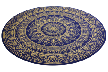 Round blue floor rug with a golden ornamental mandala design isolated with transparent background