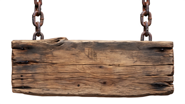 Rustic Wooden Signboard Hanging from Rusty Chains on Transparent Background graphic isolated on a transparent background