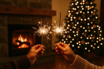 Couple celebrating New Year holding sparklers near fireplace and Christmas tree glowing with golden lights