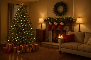 Cozy living room interior featuring Christmas tree sofa and fireplace creating festive holiday atmosphere