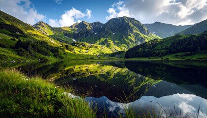 A serene mountain landscape features a calm lake perfectly reflecting the surrounding lush green hills, trees, and a dramatic sky with clouds.