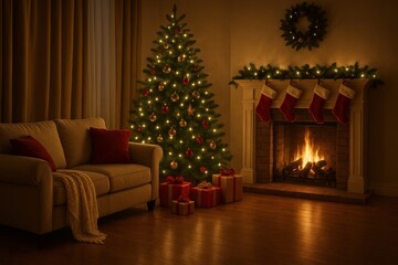 Cozy living room interior featuring Christmas tree sofa and fireplace creating festive holiday atmosphere