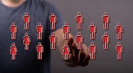 Hand pointing at people icons, symbolizing a social network, teamwork and communication, digital connections an