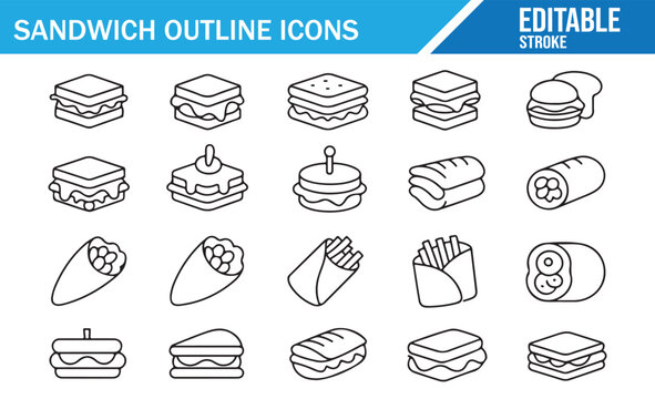 Sandwich outline icon set in clean editable stroke style featuring burgers, wraps, subs, fries, and layered food illustrations for menus, apps, packaging, cooking guides, and restaurant design project