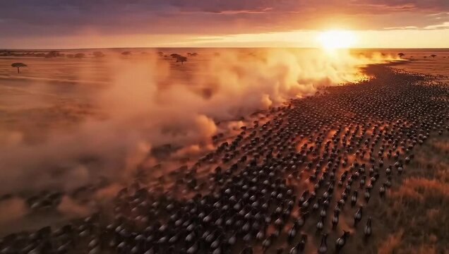 Wildebeest migration in africa kenya tanzania safari animals wildlife nature travel adventure sunset mass