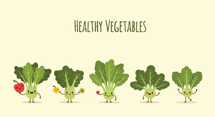 Cute cartoon vegetables with smiling faces promoting healthy eating habits and a vibrant lifestyle, perfect for educational materials or wellness campaigns.