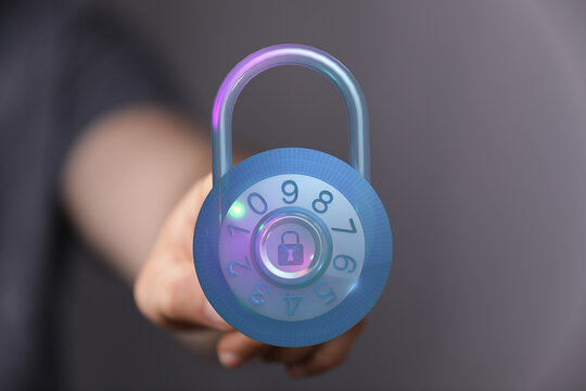 Abstract image representing digital security, protection and safety, with a futuristic padlock symbol, and concept of privacy and inf
