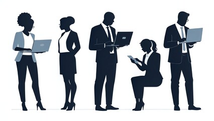 Business professionals working on laptops and tablets vector illustration for corporate use case design