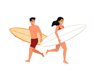 Couple is running into the water with surfboards
