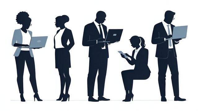 Business professionals working on laptops and tablets vector illustration for corporate use case design