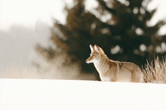 Snowy landscape showcases coyote standing alert, surrounded by soft white terrain