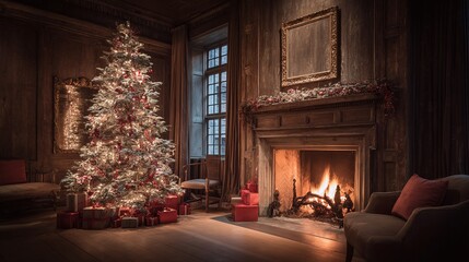 A cozy Christmas scene unfolds with a glowing tree, warm fireplace, and neatly stacked gifts. The wooden interior exudes timeless charm, capturing festive comfort.