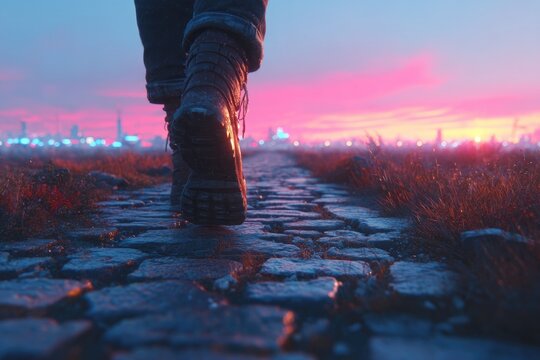 Footsteps on cobblestone path under vibrant sunset sky create serene atmosphere