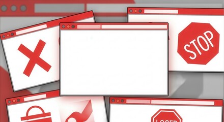 Obraz premium A collection of browser windows displaying warning signs and alerts. Represents online security, caution, and digital safety in a modern context.