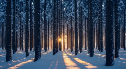 Sunlight streams through snow covered pine trees in a winter forest