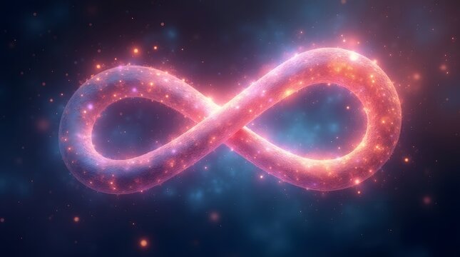Elegant pink infinity symbol glowing with cosmic energy against a deep blue space backdrop, purpose for background