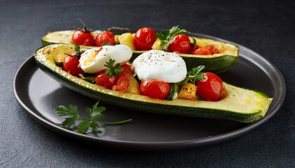 zucchini boat with feta tomatoes and poached egg