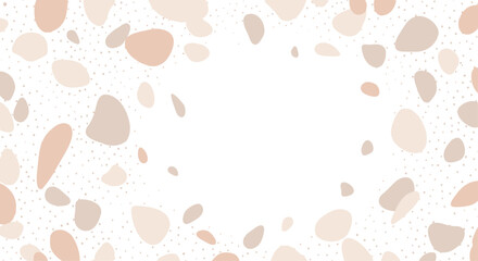 Fototapeta premium Abstract terrazzo pattern with organic shapes in neutral tones framing a central white space, creating a modern and minimalist background.