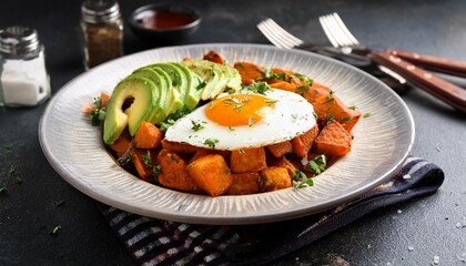 sweet potato hash with egg and avocado