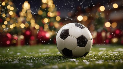 Naklejka premium Winter games meet holiday spirit as a classic soccer ball rests on snowy grass, illuminated by twinkling lights in the background. A festive fusion of sport and celebration.