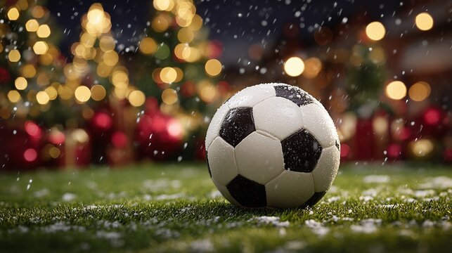 Winter games meet holiday spirit as a classic soccer ball rests on snowy grass, illuminated by twinkling lights in the background. A festive fusion of sport and celebration.