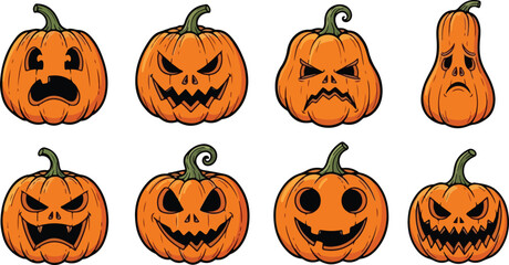 Halloween carved pumpkins cute funny jack o lanterns hand drawn eps