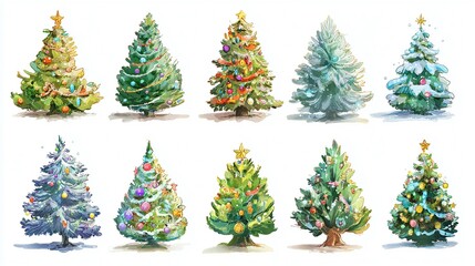 Watercolor Christmas Trees: Festive variety of decorated trees in watercolor style. Ideal for seasonal cards, digital designs, and holiday-themed projects.