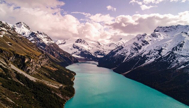 An aerial view of a vibrant turquoise lake winding through a valley flanked by rugged, snow-covered mountains and dense pine forests. - Powered by Adobe