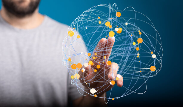 Person interacting with a digital world map, concept of global business, technology, internet, and communication. Digital sphere, net