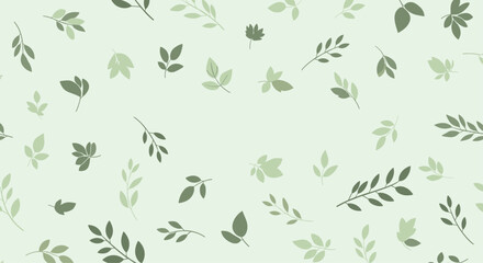 Delicate botanical pattern featuring various shades of green leaves scattered across a pale green background, creating a fresh and natural aesthetic.