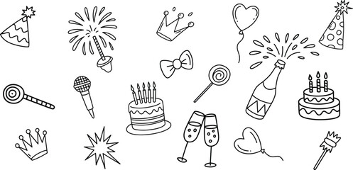 Party Celebration Doodle Icons Hand Drawn Birthday Elements Cake Balloon Hat Crown Champagne Sketch Festive Vector PNG