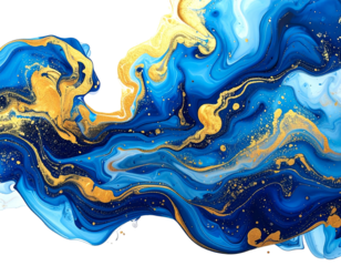 An abstract, fluid art piece showcasing flowing ribbons of blue and gold, creating a dynamic and ethereal appearance