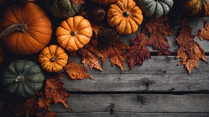 Autumn harvest display of pumpkins and fall leaves on rustic wood background