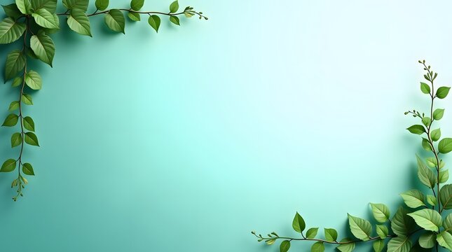 Fresh green leaves frame a tranquil turquoise background, perfect for spring designs