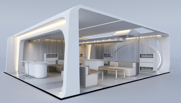 Sleek modern exhibition booth design with elegant lounge seating and minimalist reception desk, perfect for corporate events and product launches.