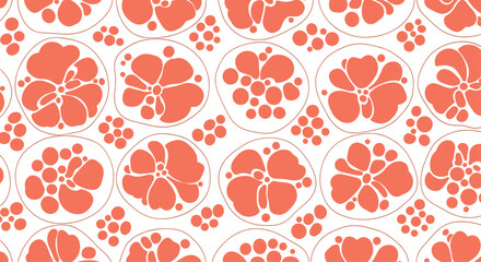 Seamless pattern featuring stylized coral-colored floral designs on a clean white background, creating a cheerful and organic aesthetic for various applications.