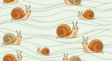 Seamless pattern featuring adorable cartoon snails with smiling faces crawling across a light green wavy background, perfect for children's designs.
