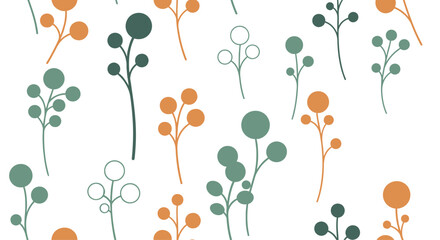 Delicate floral pattern featuring stylized stems with rounded buds in muted teal and warm orange tones against a clean white background.