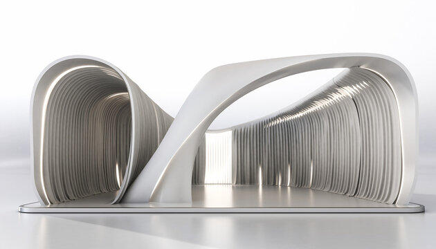 Sleek modern architectural exhibit hall with futuristic design and soft ambient lighting, perfect for product launches and corporate events.