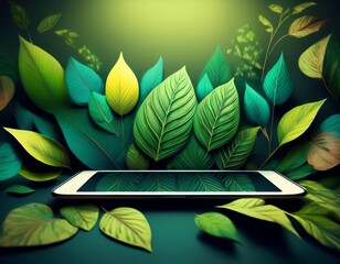 tablet surrounded by vibrant green leaves a natural digital display