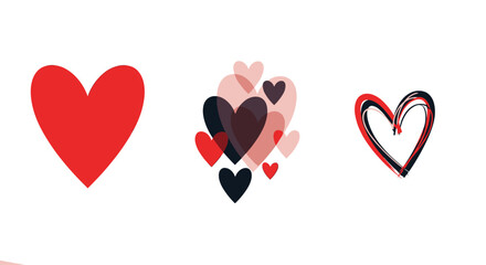 A collection of three stylized hearts in varying shades of red and pink, representing love, affection, and romance, presented on a clean white background.