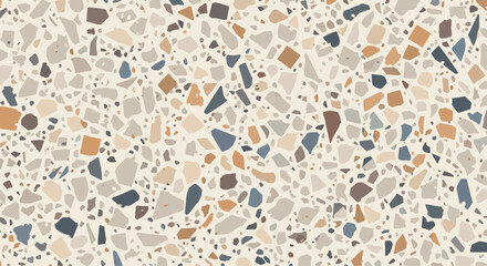 Seamless terrazzo texture with a neutral palette of beige, gray, and blue speckled fragments, creating a modern and sophisticated surface pattern.