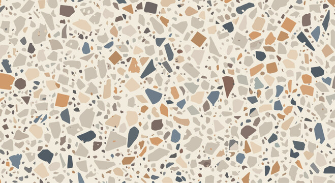 Seamless terrazzo texture with a neutral palette of beige, gray, and blue speckled fragments, creating a modern and sophisticated surface pattern.