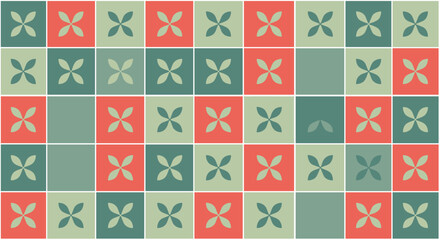 A repeating pattern of square tiles featuring a four-petal flower motif in alternating shades of green and coral, creating a retro aesthetic.