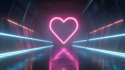 A futuristic tunnel glows with neon lights. A bright pink heart shines at the end, reflected in the wet floor. Light lines illuminate the passage, creating a vibrant, modern scene.