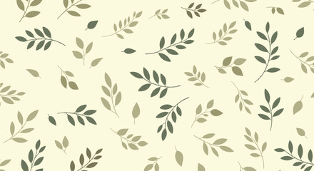Delicate botanical pattern featuring stylized leaves in muted green and olive tones against a soft cream background, creating a subtle and elegant design.